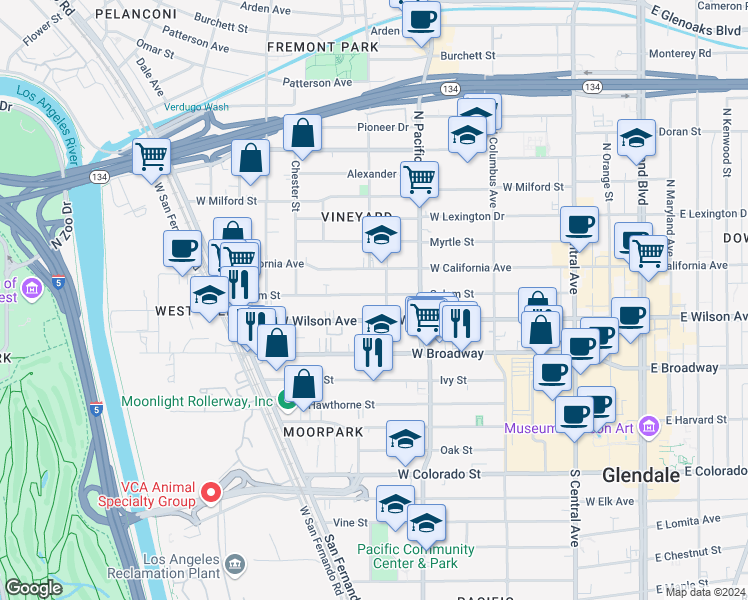 map of restaurants, bars, coffee shops, grocery stores, and more near 544 Salem Street in Glendale