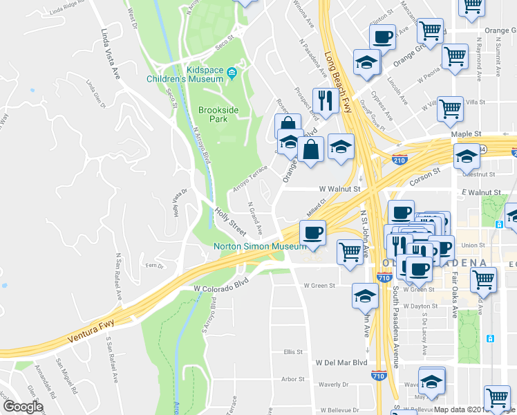 map of restaurants, bars, coffee shops, grocery stores, and more near 170 North Grand Avenue in Pasadena