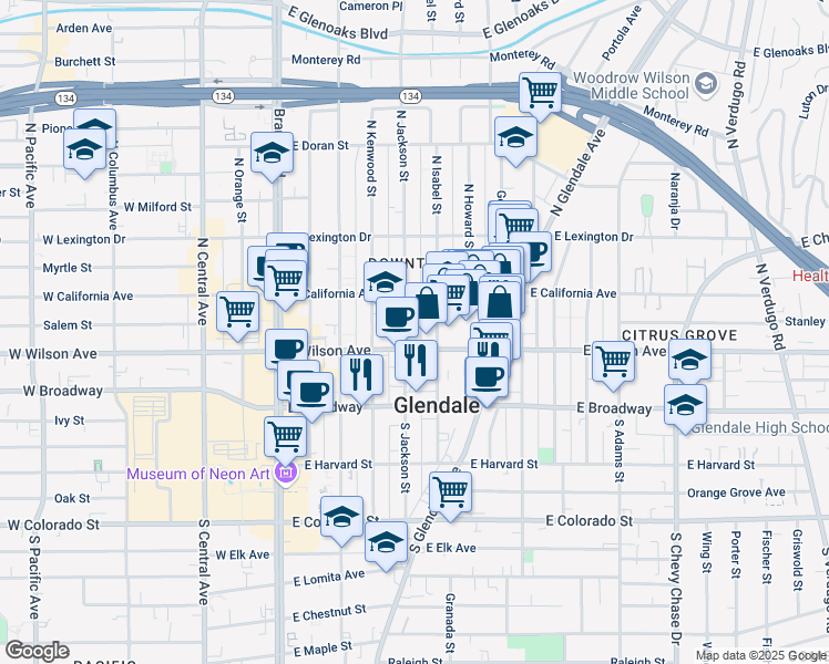 map of restaurants, bars, coffee shops, grocery stores, and more near 212 North Jackson Street in Glendale