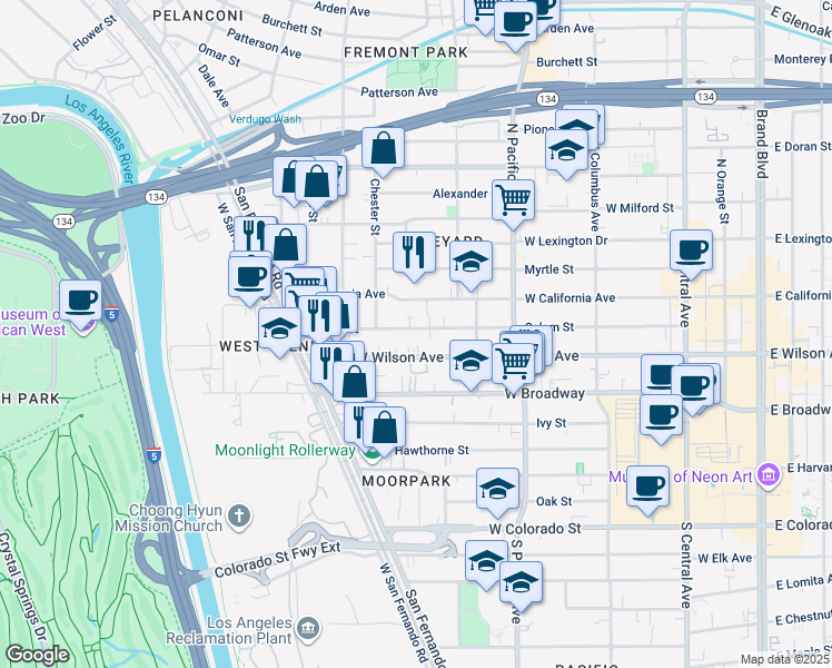 map of restaurants, bars, coffee shops, grocery stores, and more near 638 Salem Street in Glendale