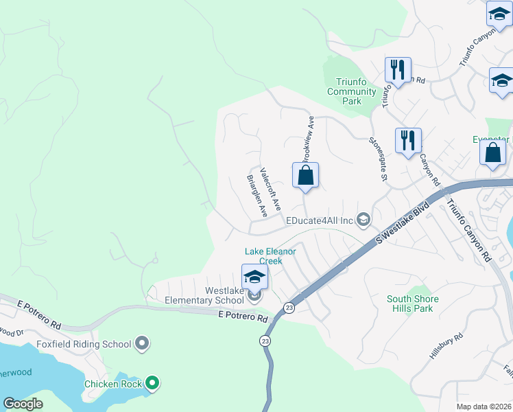 map of restaurants, bars, coffee shops, grocery stores, and more near 1459 Briarglen Avenue in Westlake Village