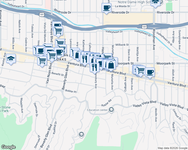 map of restaurants, bars, coffee shops, grocery stores, and more near 14141 Dickens Street in Los Angeles