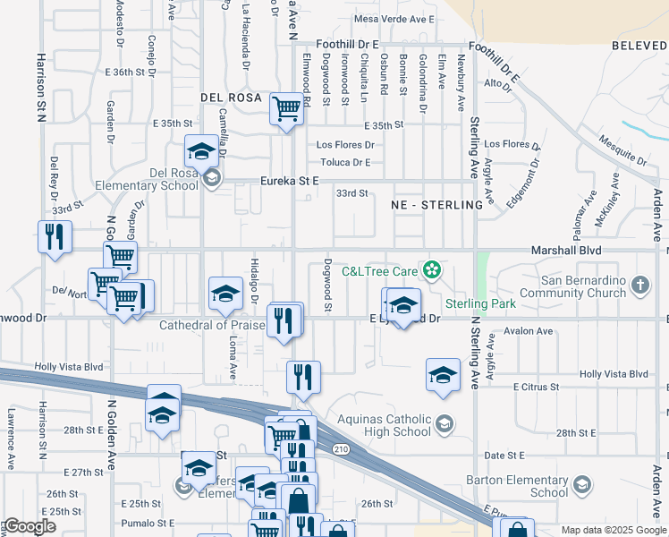 map of restaurants, bars, coffee shops, grocery stores, and more near 5791 Dogwood Street in San Bernardino