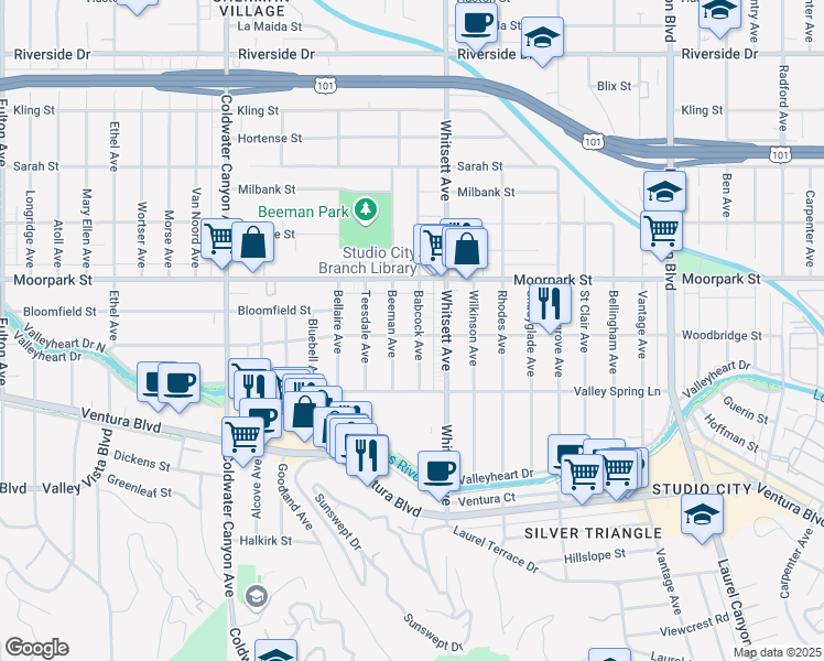 map of restaurants, bars, coffee shops, grocery stores, and more near 4303 Babcock Avenue in Los Angeles