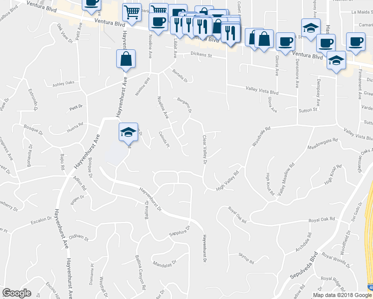 map of restaurants, bars, coffee shops, grocery stores, and more near 16226 Elisa Place in Los Angeles