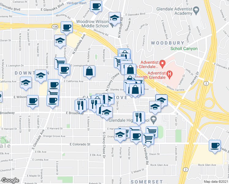 map of restaurants, bars, coffee shops, grocery stores, and more near 1234 Stanley Avenue in Glendale