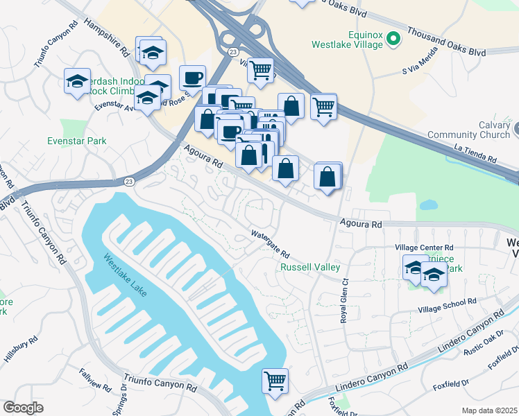 map of restaurants, bars, coffee shops, grocery stores, and more near 2899 Instone Court in Westlake Village