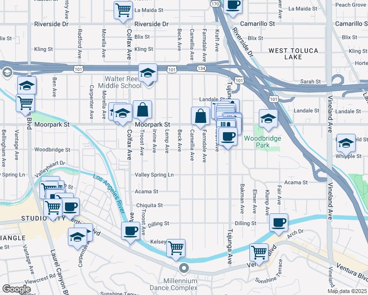 map of restaurants, bars, coffee shops, grocery stores, and more near 4344 Beck Avenue in Los Angeles