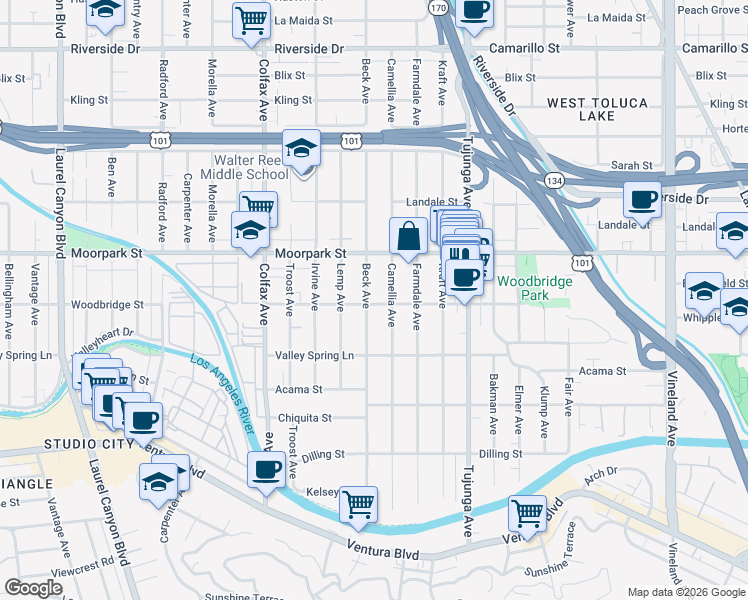 map of restaurants, bars, coffee shops, grocery stores, and more near 4344 Beck Avenue in Los Angeles