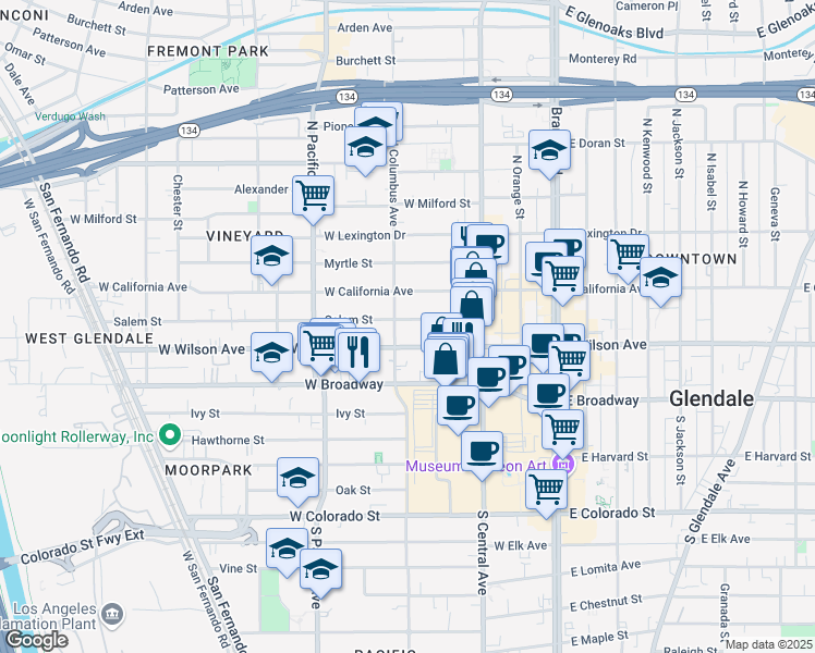 map of restaurants, bars, coffee shops, grocery stores, and more near 370 Salem Street in Glendale