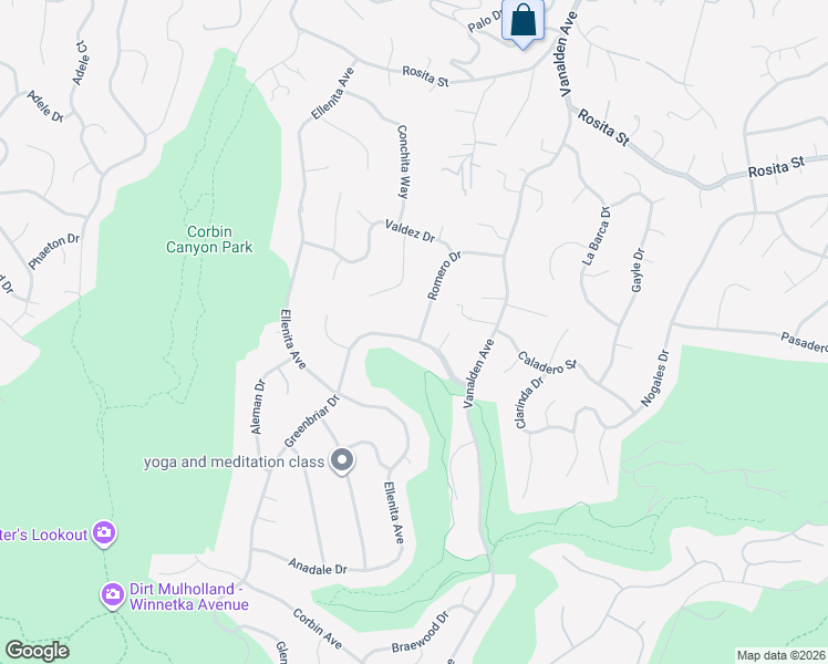 map of restaurants, bars, coffee shops, grocery stores, and more near 19501 Greenbriar Drive in Los Angeles