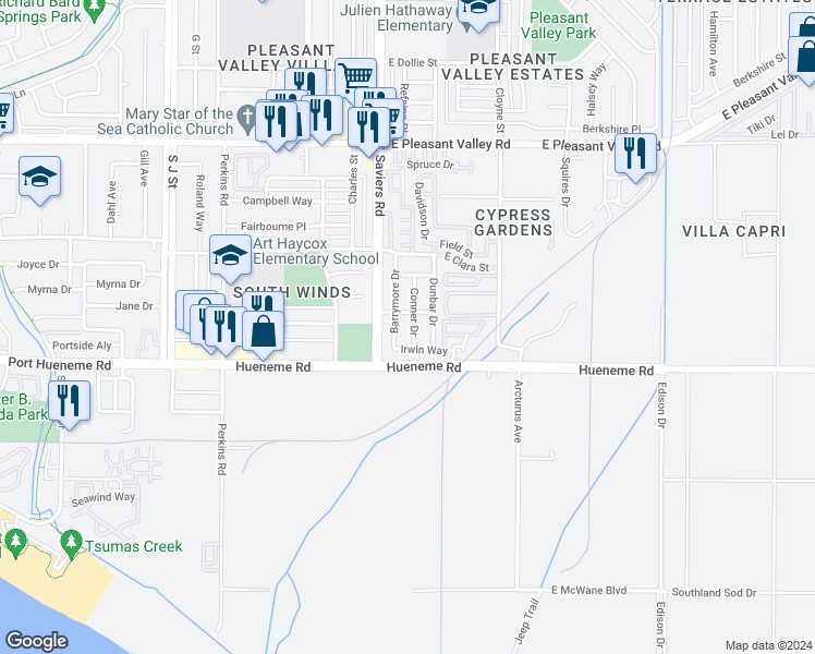 map of restaurants, bars, coffee shops, grocery stores, and more near 5523 Conner Drive in Oxnard