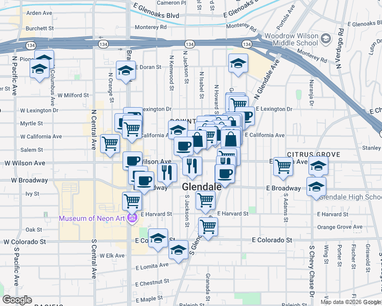 map of restaurants, bars, coffee shops, grocery stores, and more near 212 North Jackson Street in Glendale