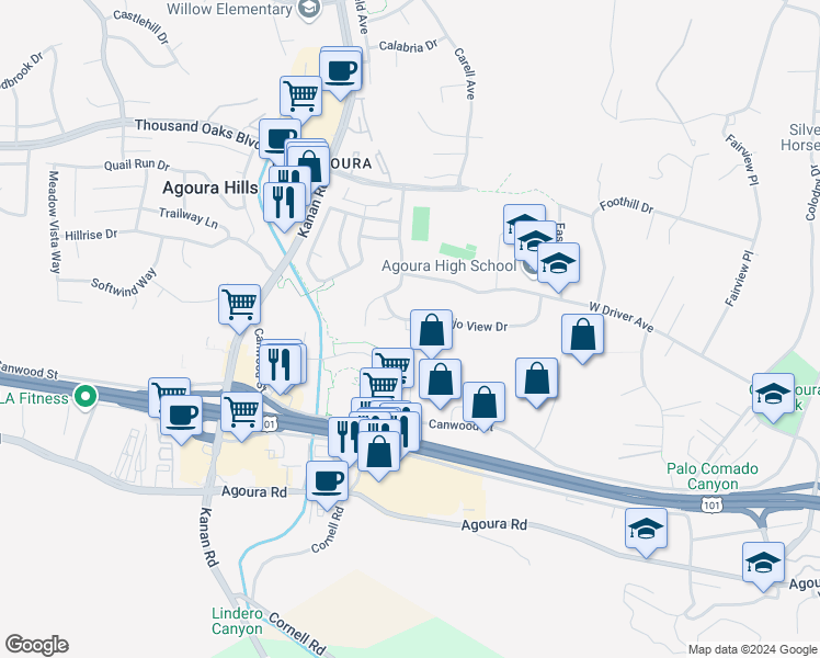map of restaurants, bars, coffee shops, grocery stores, and more near 28808 Conejo View Drive in Agoura Hills