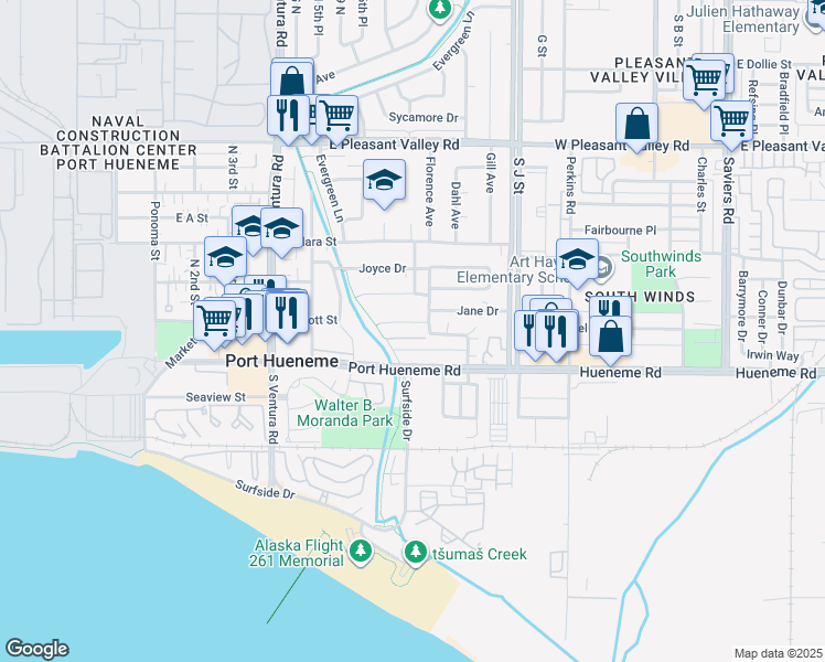 map of restaurants, bars, coffee shops, grocery stores, and more near 676 East Scott Street in Port Hueneme