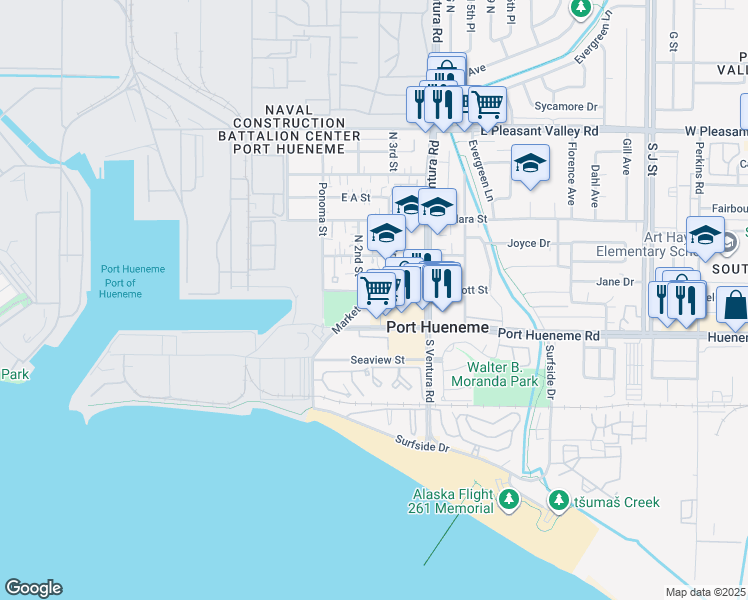 map of restaurants, bars, coffee shops, grocery stores, and more near 276 Market Street in Port Hueneme