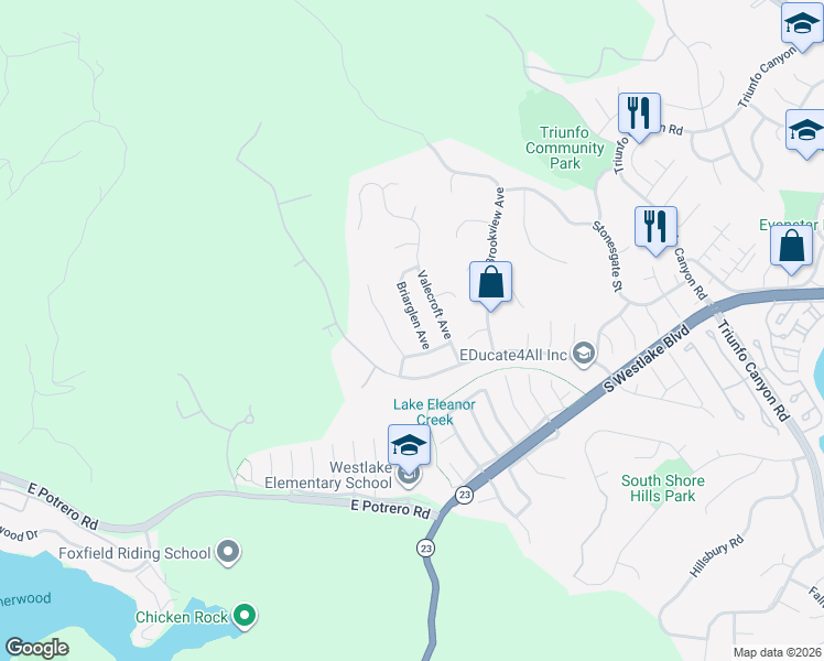 map of restaurants, bars, coffee shops, grocery stores, and more near 1459 Briarglen Avenue in Westlake Village