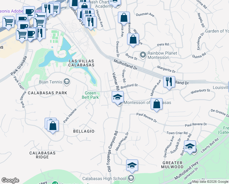 map of restaurants, bars, coffee shops, grocery stores, and more near 23057 Park Este in Calabasas