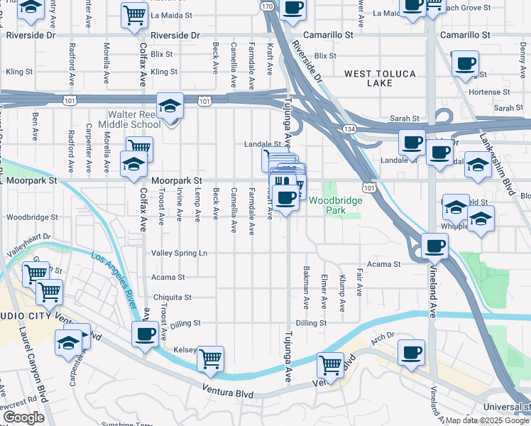 map of restaurants, bars, coffee shops, grocery stores, and more near 4345 Kraft Avenue in Los Angeles
