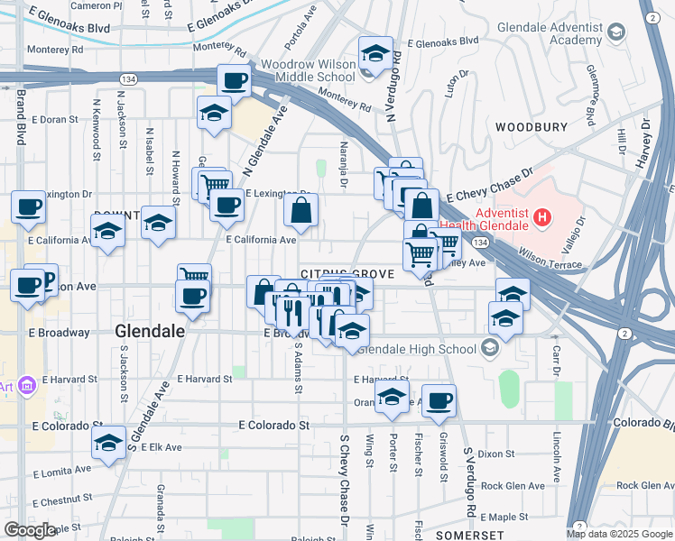map of restaurants, bars, coffee shops, grocery stores, and more near 1140 Stanley Avenue in Glendale