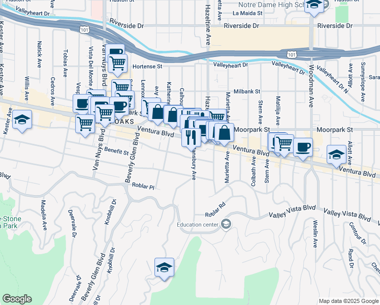 map of restaurants, bars, coffee shops, grocery stores, and more near 14141 Dickens Street in Los Angeles