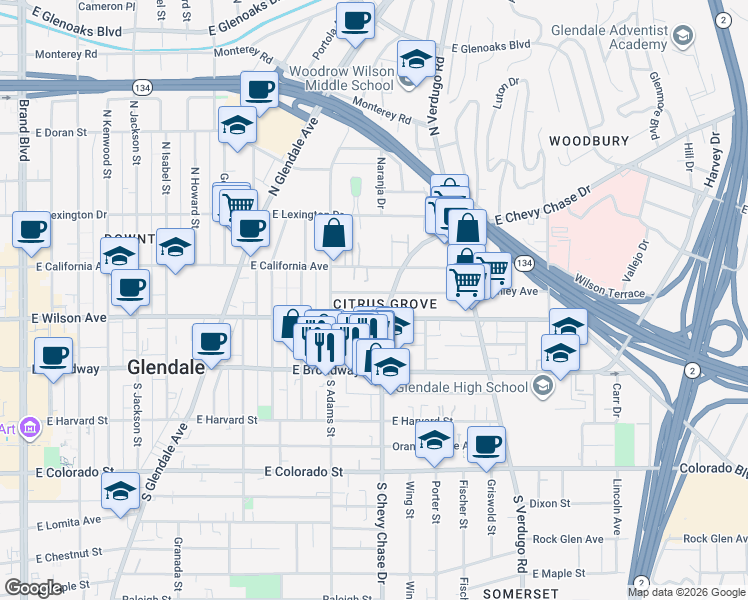 map of restaurants, bars, coffee shops, grocery stores, and more near 1140 Stanley Avenue in Glendale