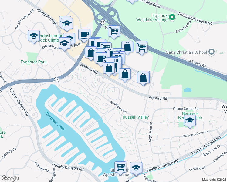 map of restaurants, bars, coffee shops, grocery stores, and more near 2899 Instone Court in Westlake Village