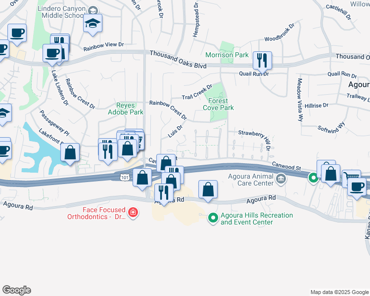 map of restaurants, bars, coffee shops, grocery stores, and more near 30112 Elizabeth Court in Agoura Hills