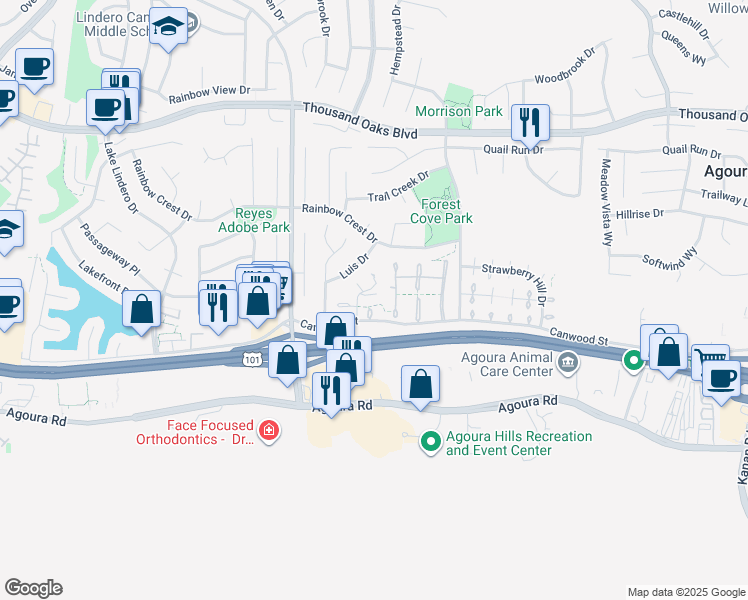 map of restaurants, bars, coffee shops, grocery stores, and more near 30112 Elizabeth Court in Agoura Hills