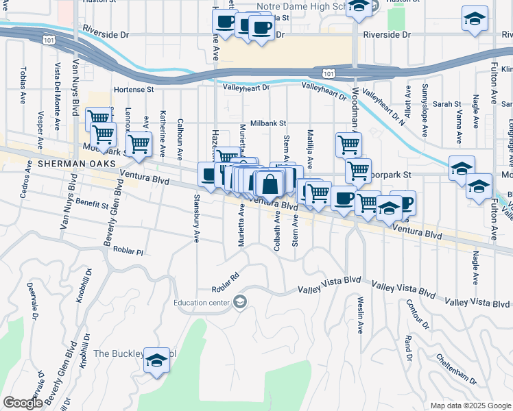 map of restaurants, bars, coffee shops, grocery stores, and more near 14000 Ventura Boulevard in Los Angeles