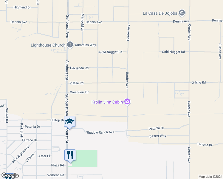 map of restaurants, bars, coffee shops, grocery stores, and more near 62400 Crestview Drive in Joshua Tree