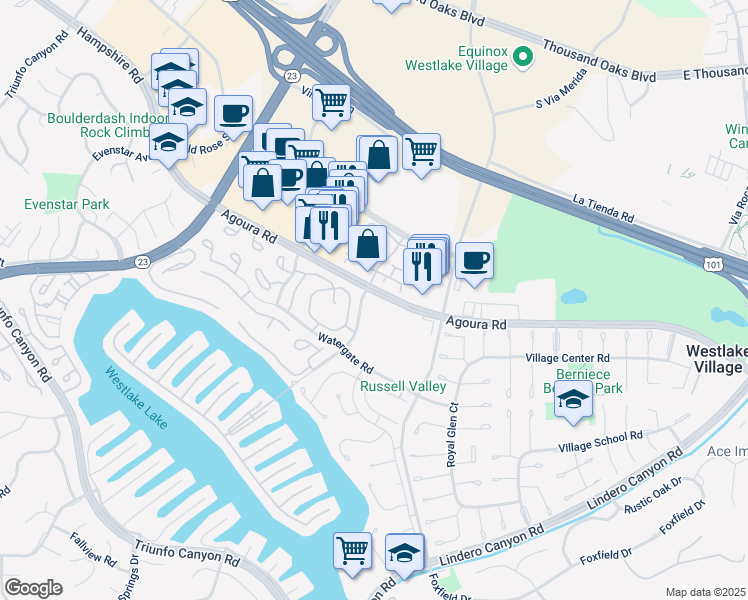 map of restaurants, bars, coffee shops, grocery stores, and more near 2956 Shadow Brook Lane in Westlake Village