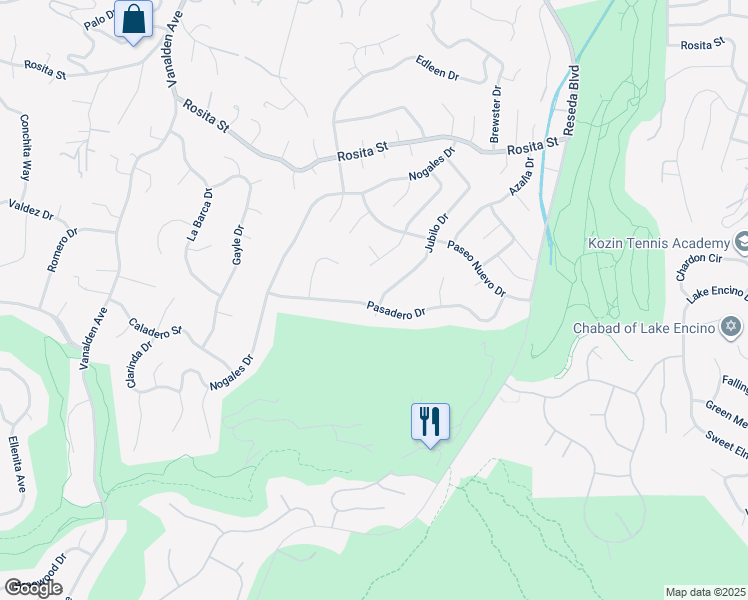 map of restaurants, bars, coffee shops, grocery stores, and more near 18841 Pasadero Drive in Los Angeles