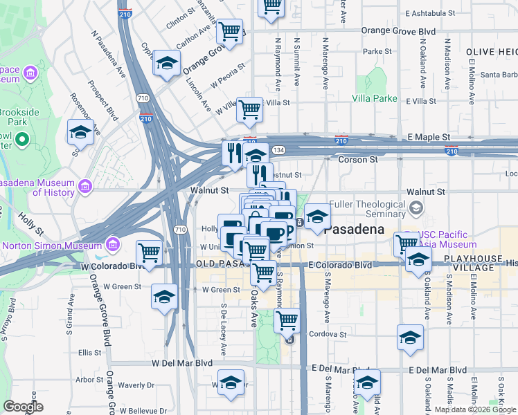 map of restaurants, bars, coffee shops, grocery stores, and more near 180 North Fair Oaks Avenue in Pasadena