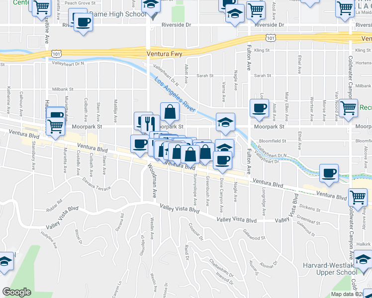 map of restaurants, bars, coffee shops, grocery stores, and more near 4339 Allott Avenue in Los Angeles