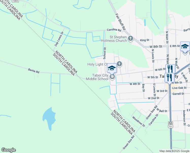 map of restaurants, bars, coffee shops, grocery stores, and more near 906 West 6th Street in Tabor City