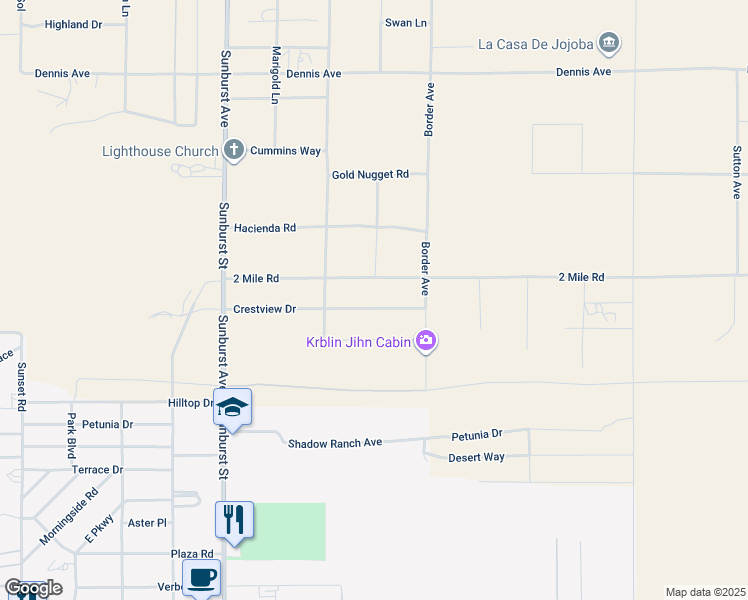 map of restaurants, bars, coffee shops, grocery stores, and more near 62400 Crestview Drive in Joshua Tree