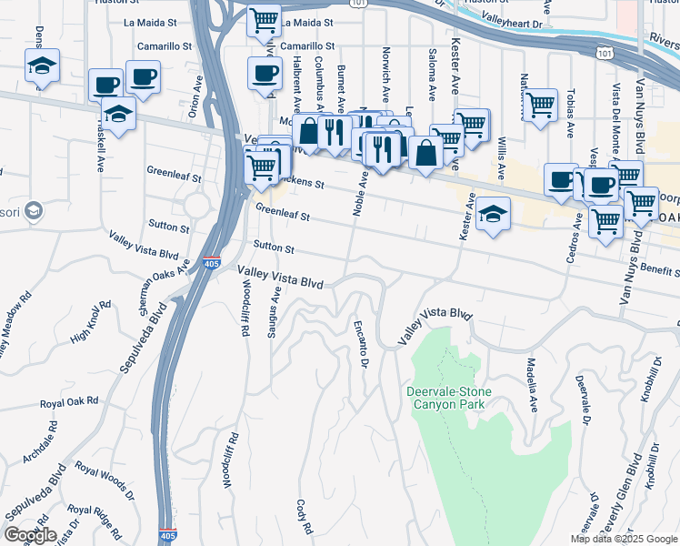 map of restaurants, bars, coffee shops, grocery stores, and more near 4307 Noble Avenue in Los Angeles