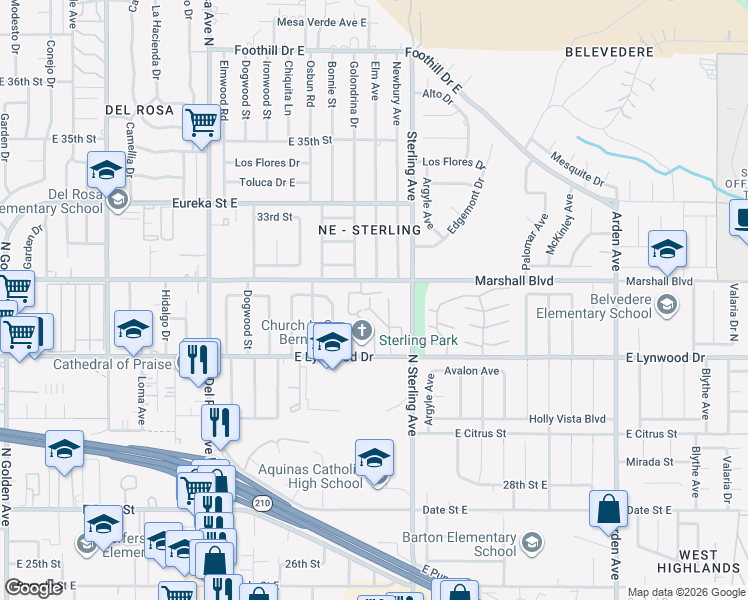 map of restaurants, bars, coffee shops, grocery stores, and more near 1974 East Lynwood Drive in San Bernardino