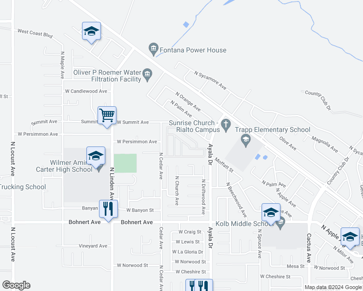 map of restaurants, bars, coffee shops, grocery stores, and more near 2598 Ayala Drive in Rialto