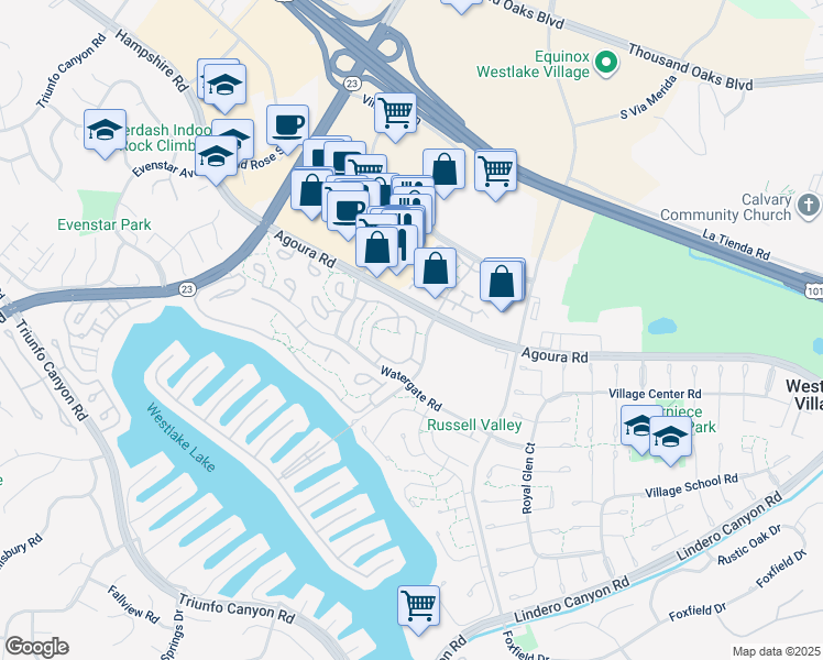 map of restaurants, bars, coffee shops, grocery stores, and more near 1141 Landsburn Circle in Westlake Village