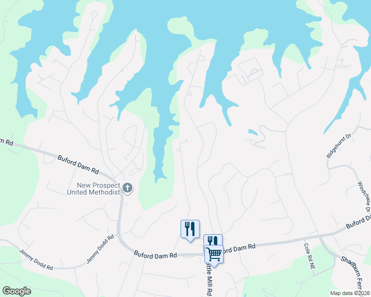 map of restaurants, bars, coffee shops, grocery stores, and more near 6005 Dolvin Lane in Buford