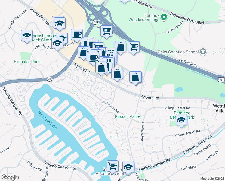 map of restaurants, bars, coffee shops, grocery stores, and more near 1138 Landsburn Circle in Westlake Village
