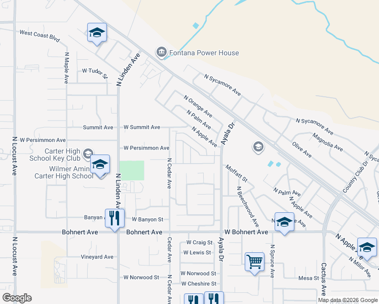 map of restaurants, bars, coffee shops, grocery stores, and more near 2598 Ayala Drive in Rialto