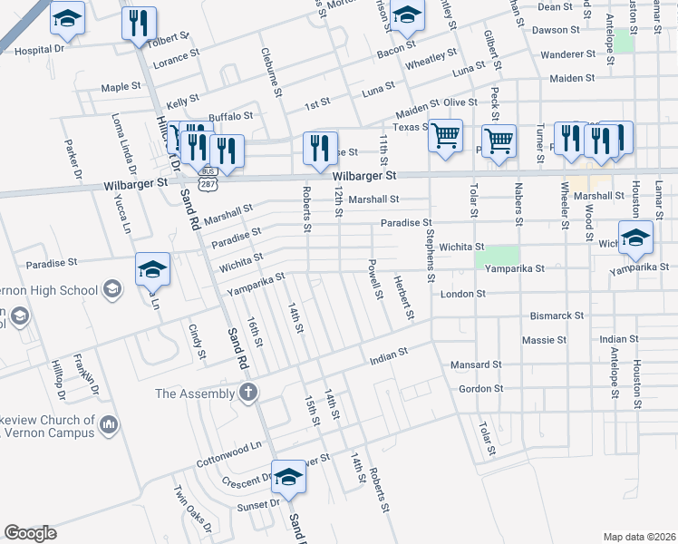 map of restaurants, bars, coffee shops, grocery stores, and more near 3402 Yamparika Street in Vernon