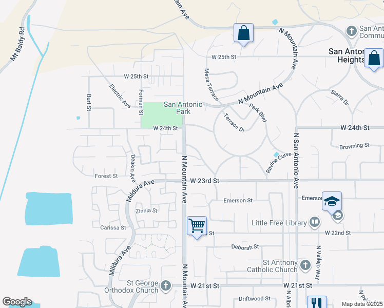 map of restaurants, bars, coffee shops, grocery stores, and more near 2360 North Mountain Avenue in Upland