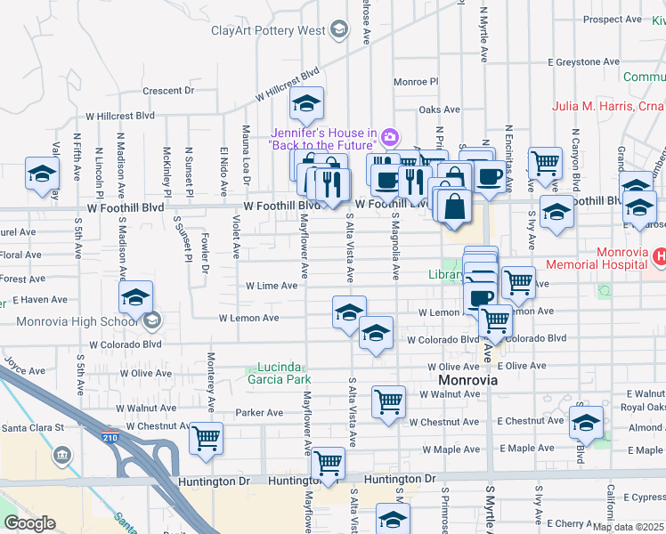 map of restaurants, bars, coffee shops, grocery stores, and more near 420 West Palm Avenue in Monrovia