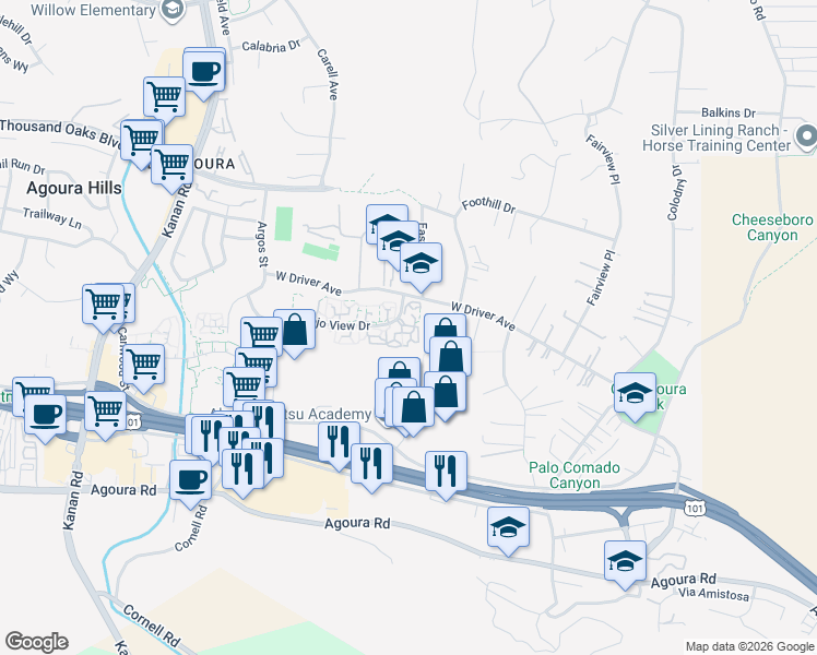 map of restaurants, bars, coffee shops, grocery stores, and more near 28512 Conejo View Drive in Agoura Hills