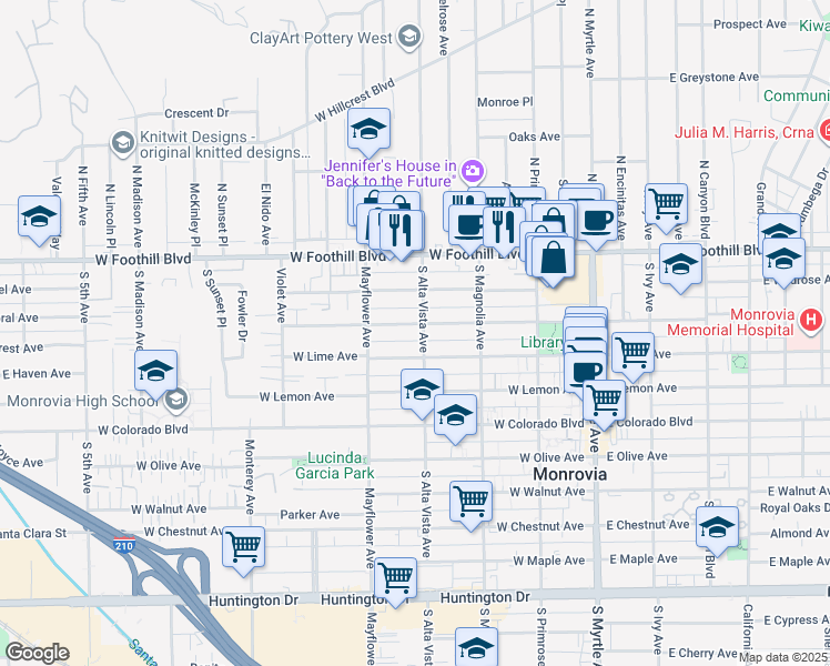 map of restaurants, bars, coffee shops, grocery stores, and more near 309 South Alta Vista Avenue in Monrovia