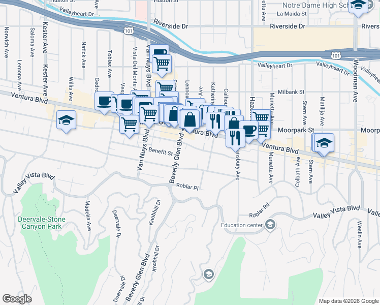 map of restaurants, bars, coffee shops, grocery stores, and more near 14318 Dickens Street in Los Angeles